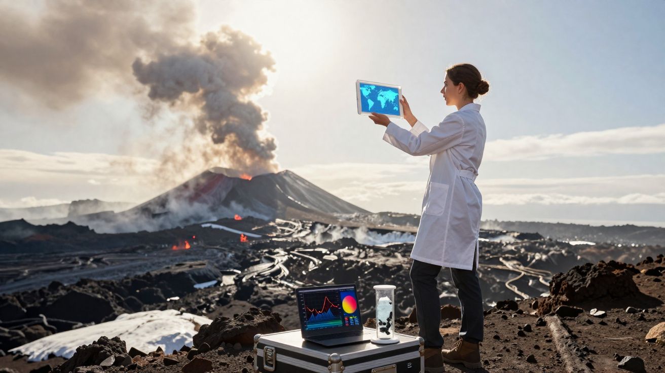 Cientista com bata branca analisa dados em tablet perto de vulcão em erupção com lava visível.