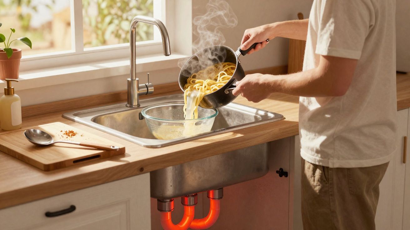 Pessoa a escorrer esparguete quente numa taça de vidro numa cozinha com pia e bancada de madeira.