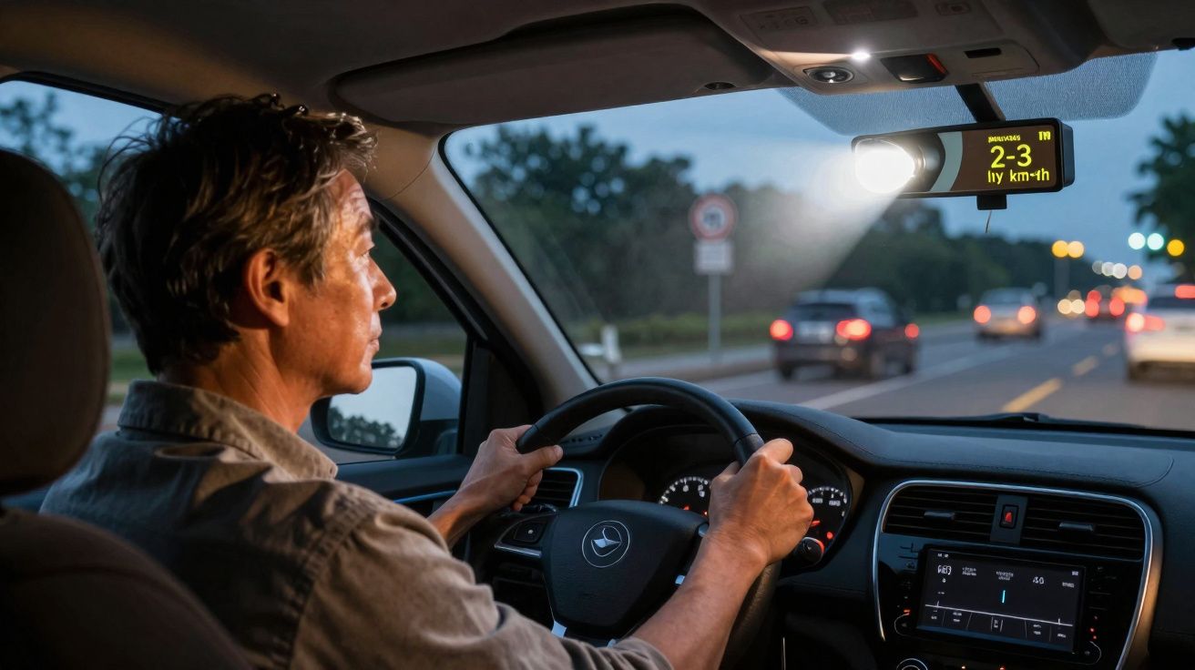 Homem conduzindo carro ao entardecer com HUD que mostra velocidade e instruções no para-brisas.