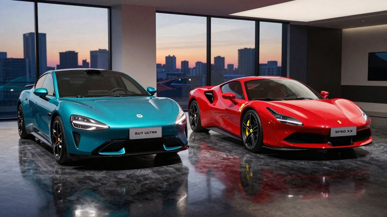 Dois carros desportivos estacionados em piso refletor, janela grande com vista de cidade ao pôr do sol.