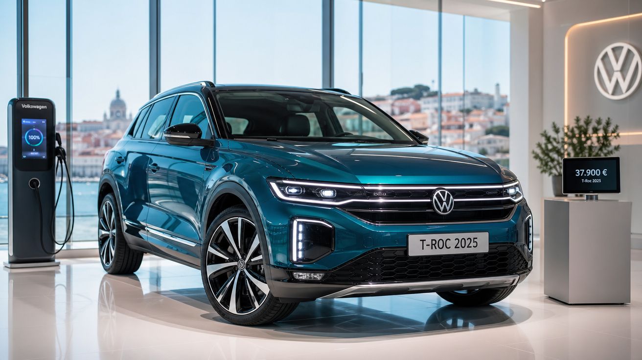 Carro elétrico Volkswagen T-ROC 2025 azul exposto em showroom com carregador e preço visível.