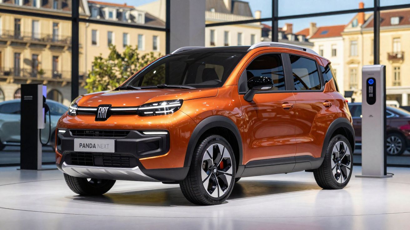 Carro elétrico Fiat Panda Next laranja em exibição num salão com carregador elétrico ao fundo.
