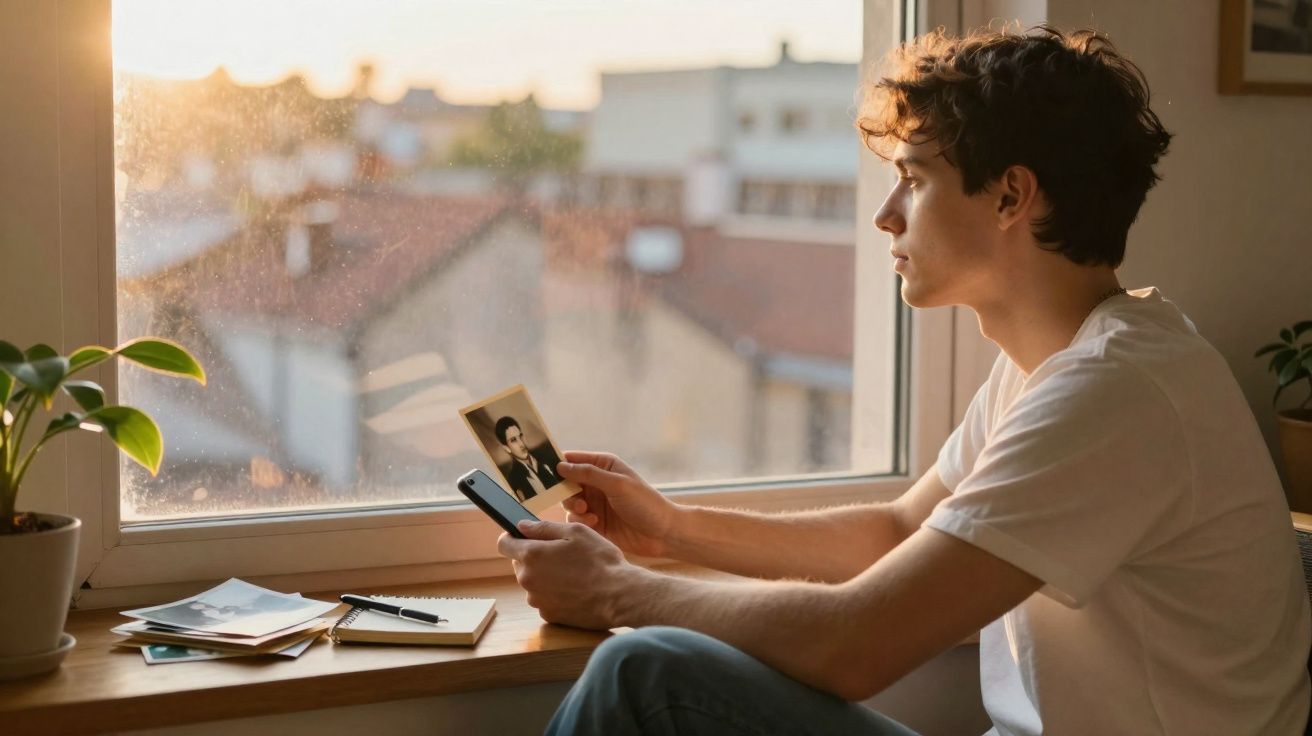 Jovem sentado junto à janela a olhar para uma fotografia antiga com expressão pensativa ao pôr do sol.