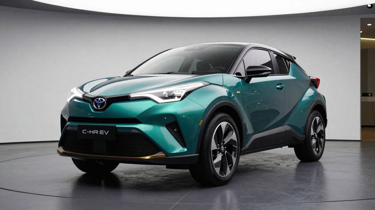 Carro Toyota C-HR EV verde metálico, modelo SUV compacto, fotografado em estúdio com fundo neutro.
