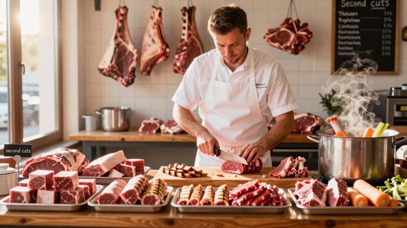 Talhante a cortar carne num talho com diferentes peças de carne expostas e panelas a cozinhar.