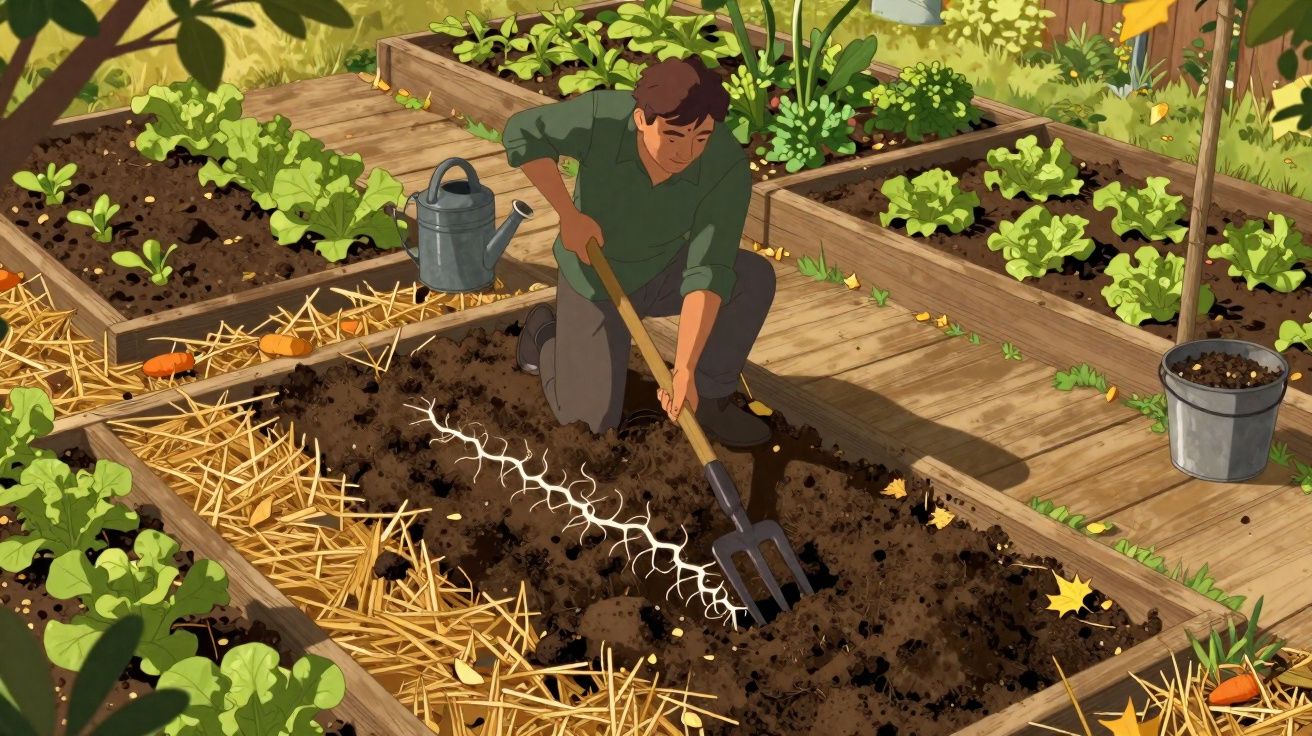 Homem a cultivar terra num jardim com canteiros de plantas verdes e regador ao fundo.
