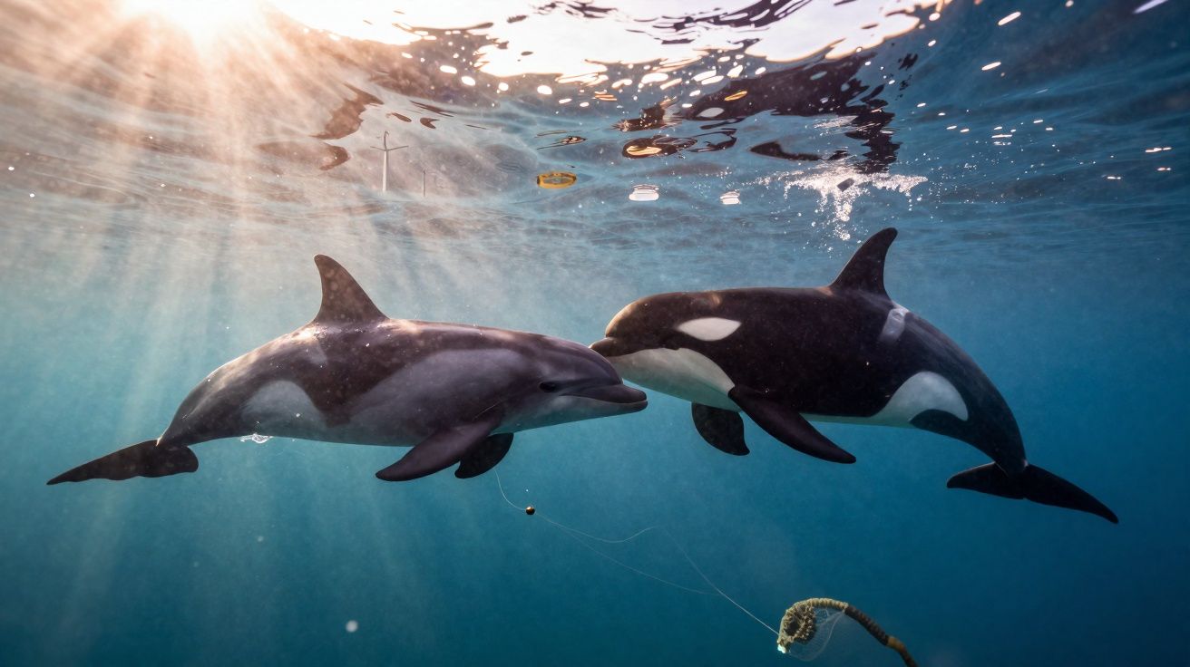 Dois golfinhos, um comum e outro orca, nadando próximos sob a água iluminada pelo sol.
