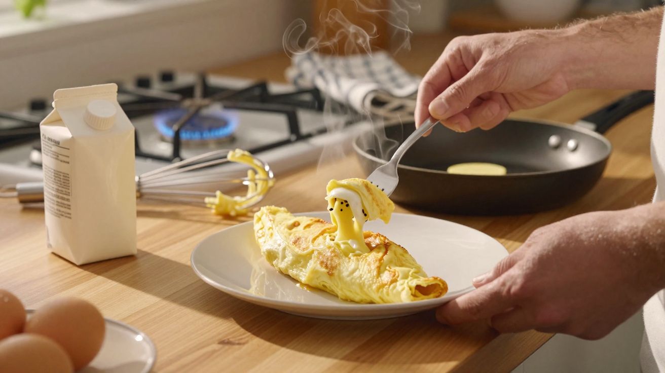 Omelete quente servido num prato branco com manteiga a derreter por cima e mão com garfo a pegar um pedaço.