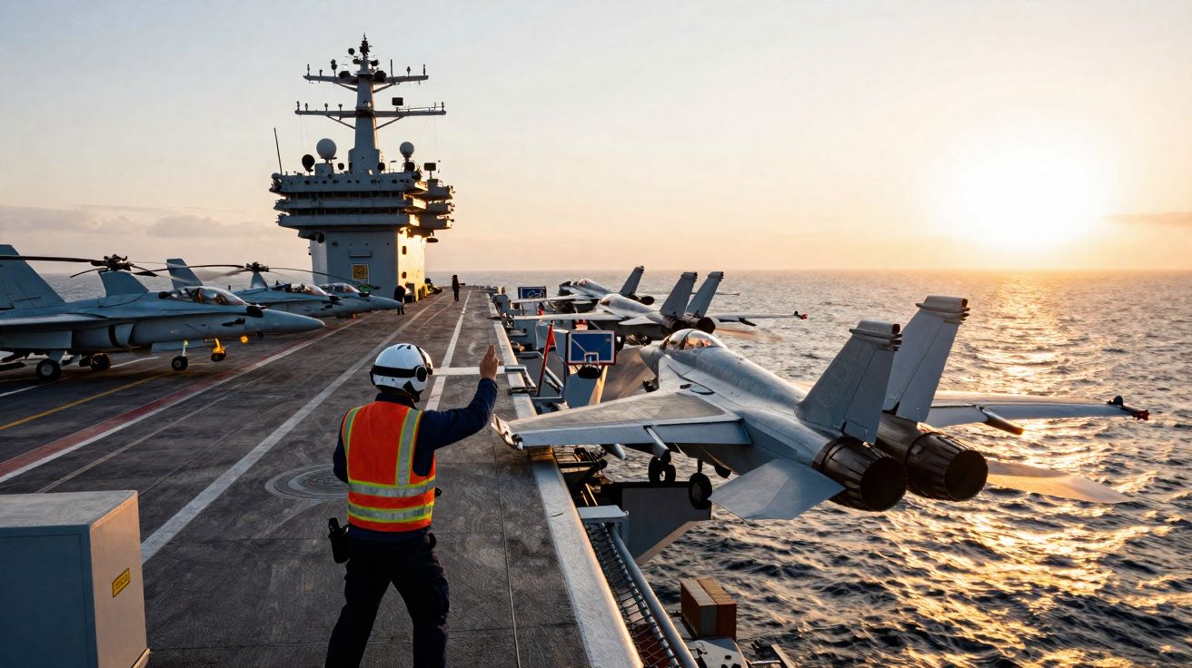Pessoal de convés a orientar descolagem de jato militar num porta-aviões ao pôr do sol no mar.