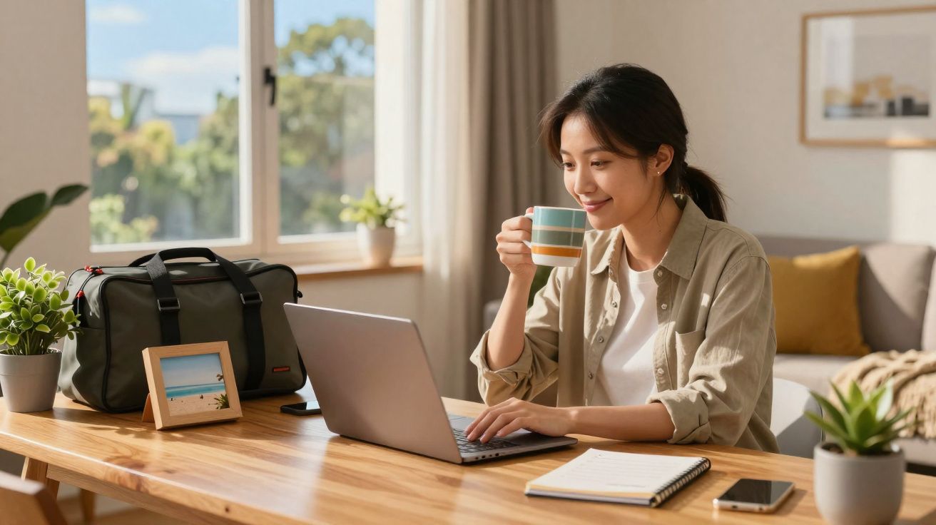 Mulher jovem a trabalhar num portátil enquanto bebe chá numa sala iluminada e confortável.