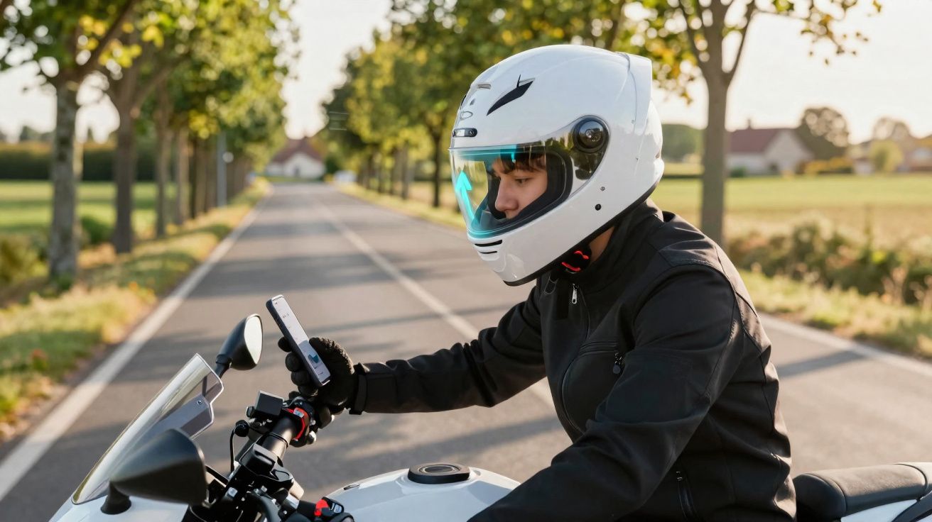 Motociclista de capacete branco usa telemóvel numa estrada rural rodeada de árvores e campos ao pôr do sol.