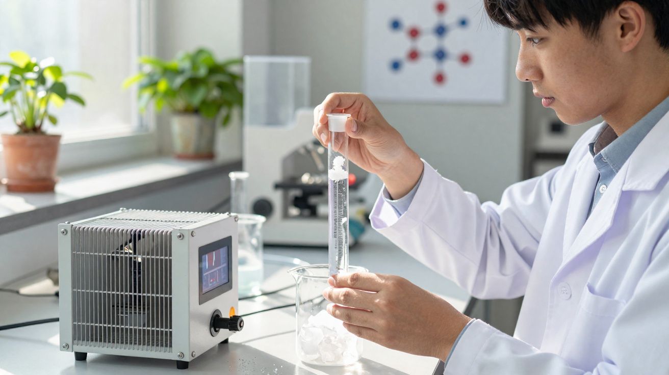 Cientista em laboratório com bata branca a colocar gelo numa proveta com equipamento e plantas ao fundo.