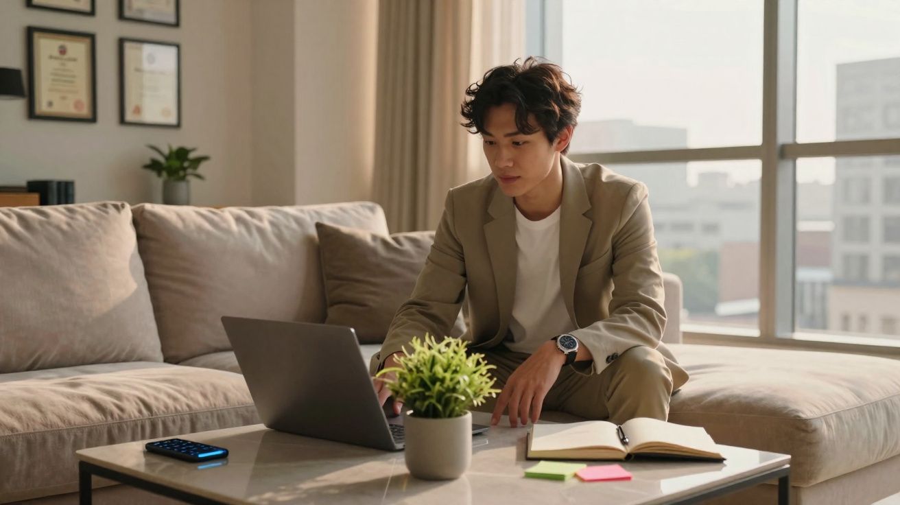 Homem a trabalhar num computador portátil sentado num sofá em sala com mesa, plantas e caderno aberto.