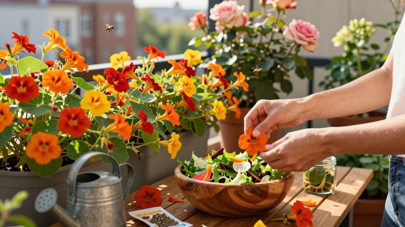 Mãos a decorar salada com flores comestíveis numa varanda com flores coloridas e lata de rega.
