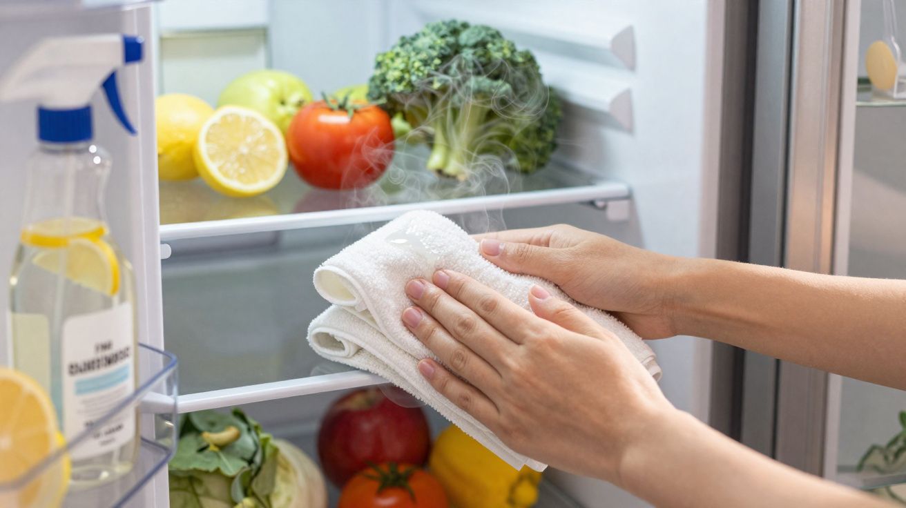 Mãos a limpar o interior do frigorífico com um pano branco ao lado de frutas e legumes frescos.