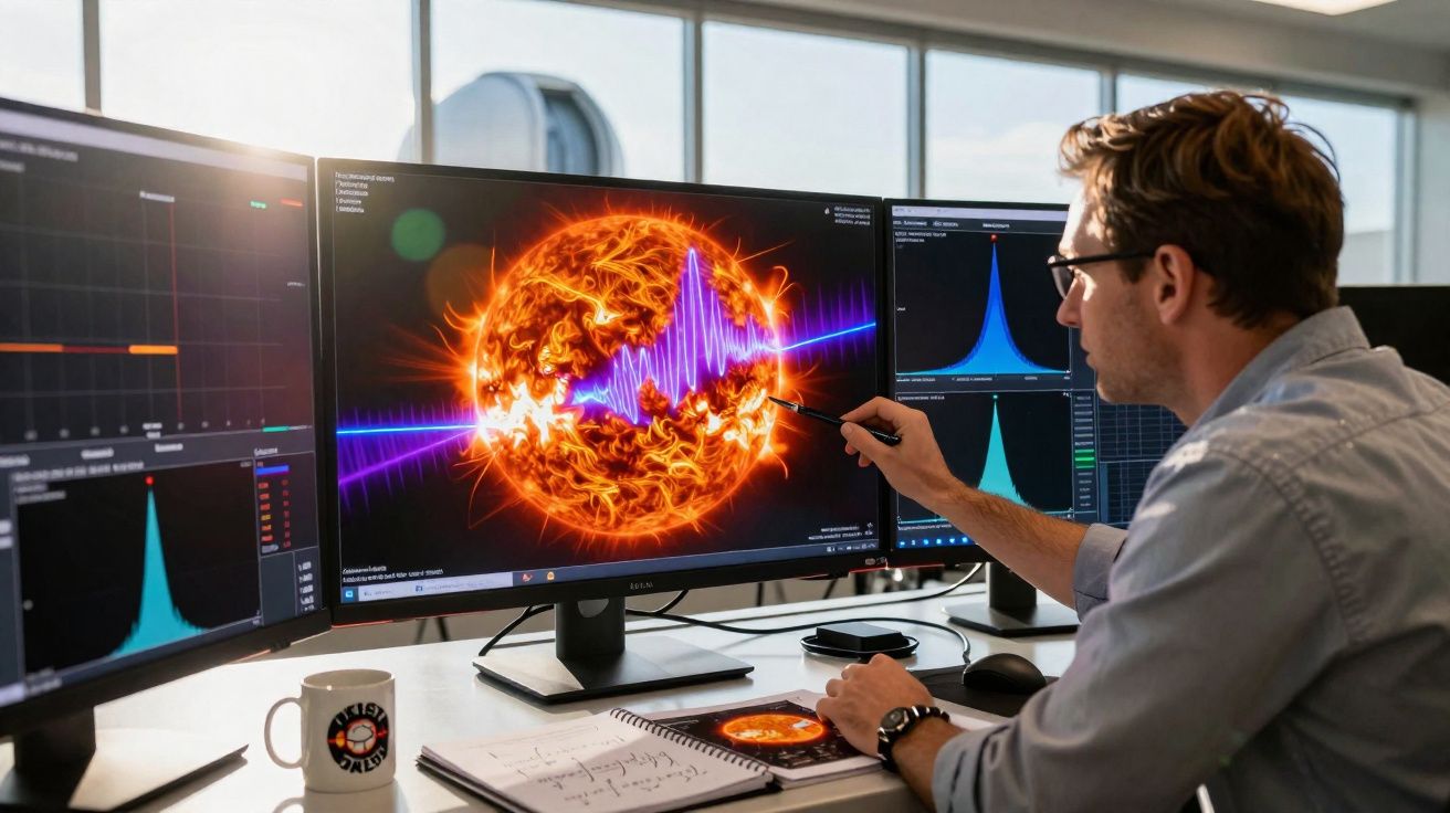 Homem a analisar gráficos e imagens do Sol em três monitores num ambiente de escritório moderno.