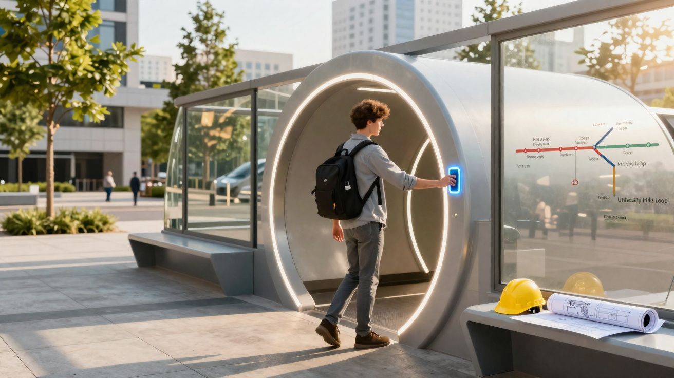 Jovem com mochila usa leitor digital para entrar numa estação futurista de metro ao ar livre.