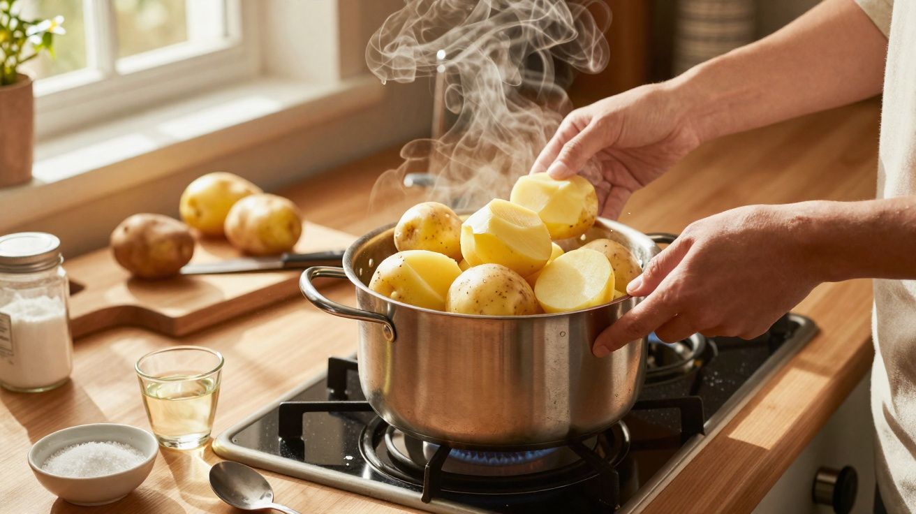 Pessoa a colocar batatas descascadas numa panela com vapor a cozinhar num fogão a gás numa cozinha iluminada.