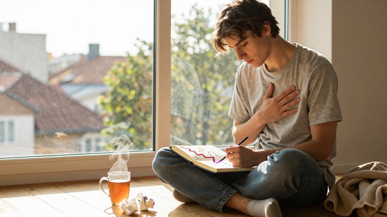Jovem sentado no chão a desenhar num caderno junto a uma janela com chá a fumegar à sua frente.