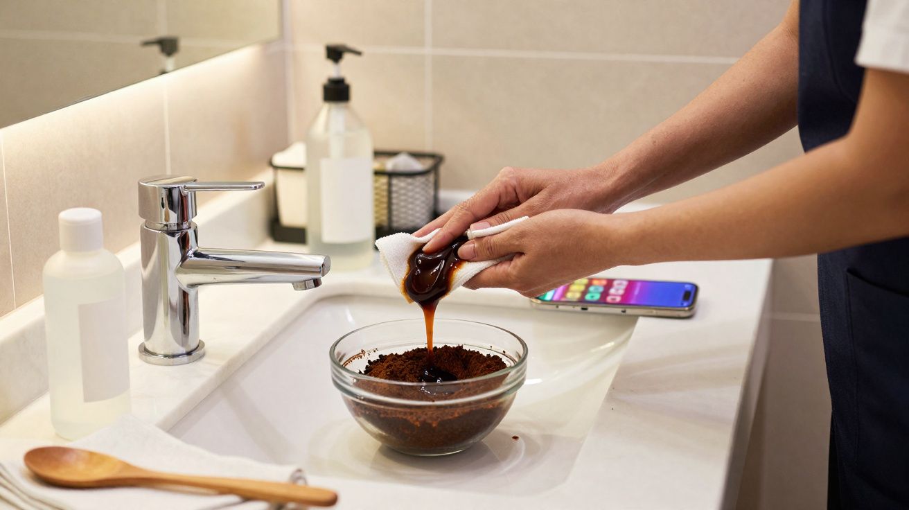 Pessoa a preparar esfoliante caseiro de café moído num lavatório com telemóvel ao fundo.