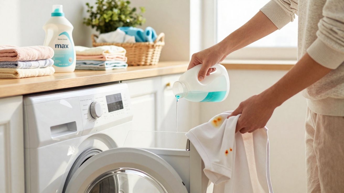 Pessoa a aplicar detergente líquido numa t-shirt com manchas antes de a colocar na máquina de lavar roupa.