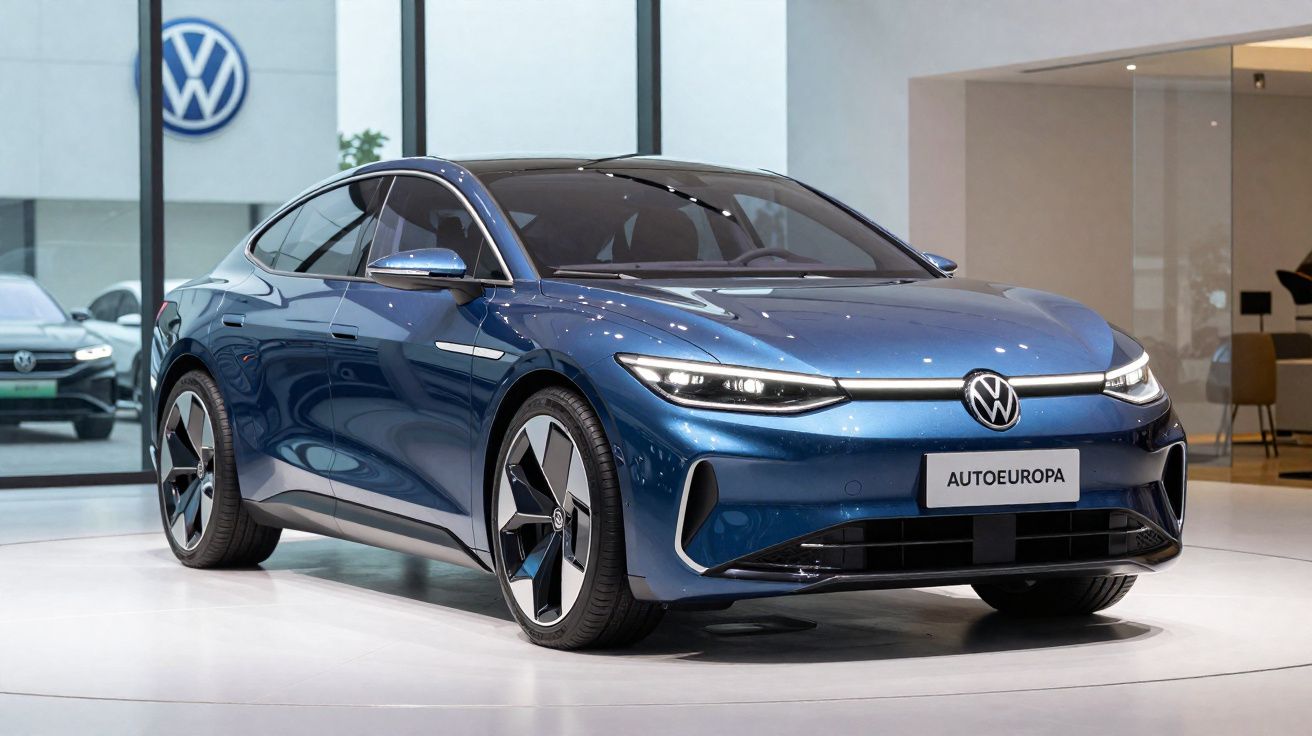 Carro elétrico Volkswagen azul exposto numa sala de showroom moderna e iluminada.