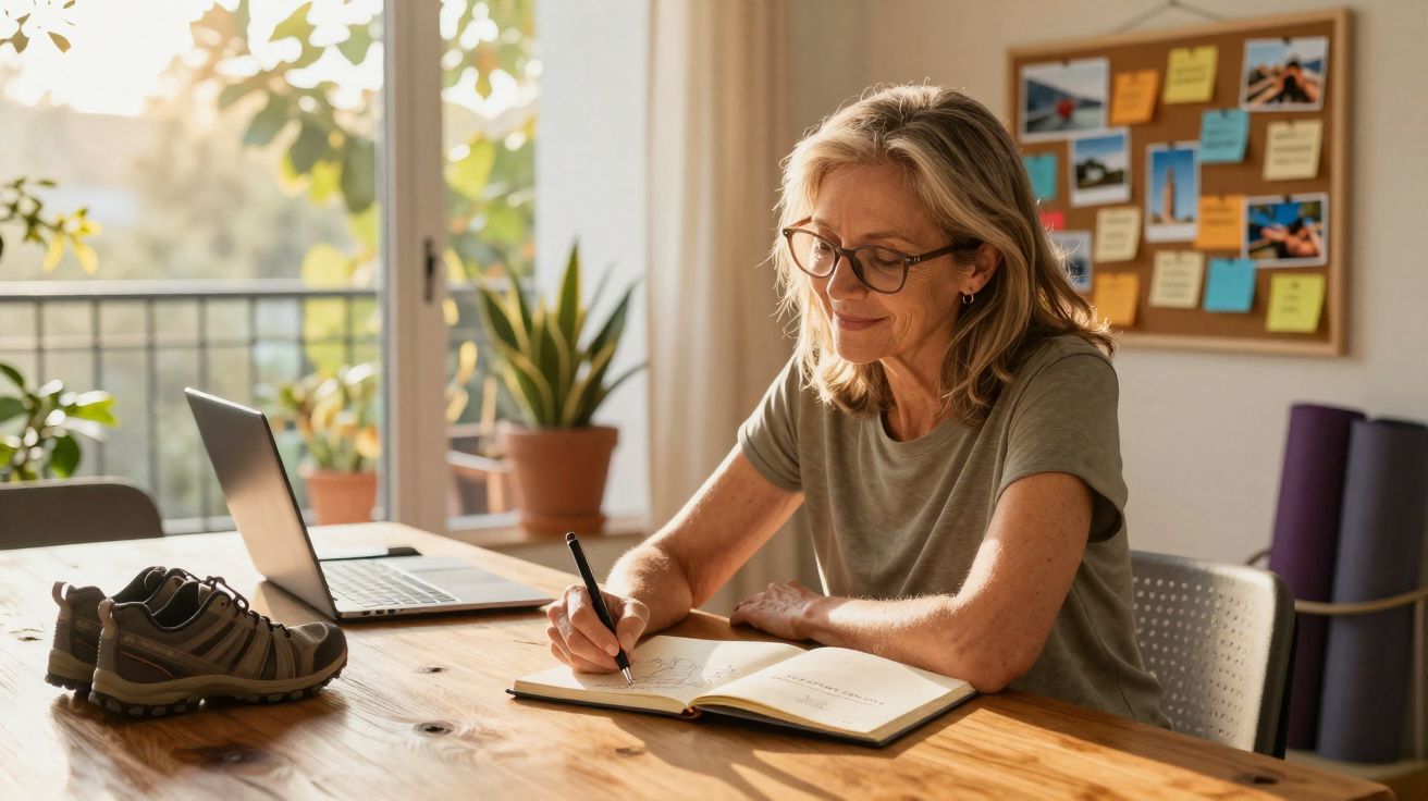 Mulher adulta a escrever num caderno sentado à mesa com portátil aberto e ténis, em ambiente acolhedor e luminoso.