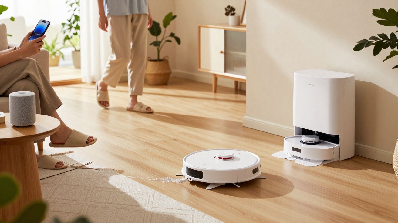 Aspirador robô branco a limpar chão de madeira numa sala com pessoas e mobília clara.