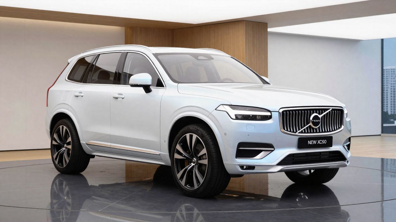 Carro SUV Volvo XC90 branco exibido em espaço interior moderno com piso refletor.
