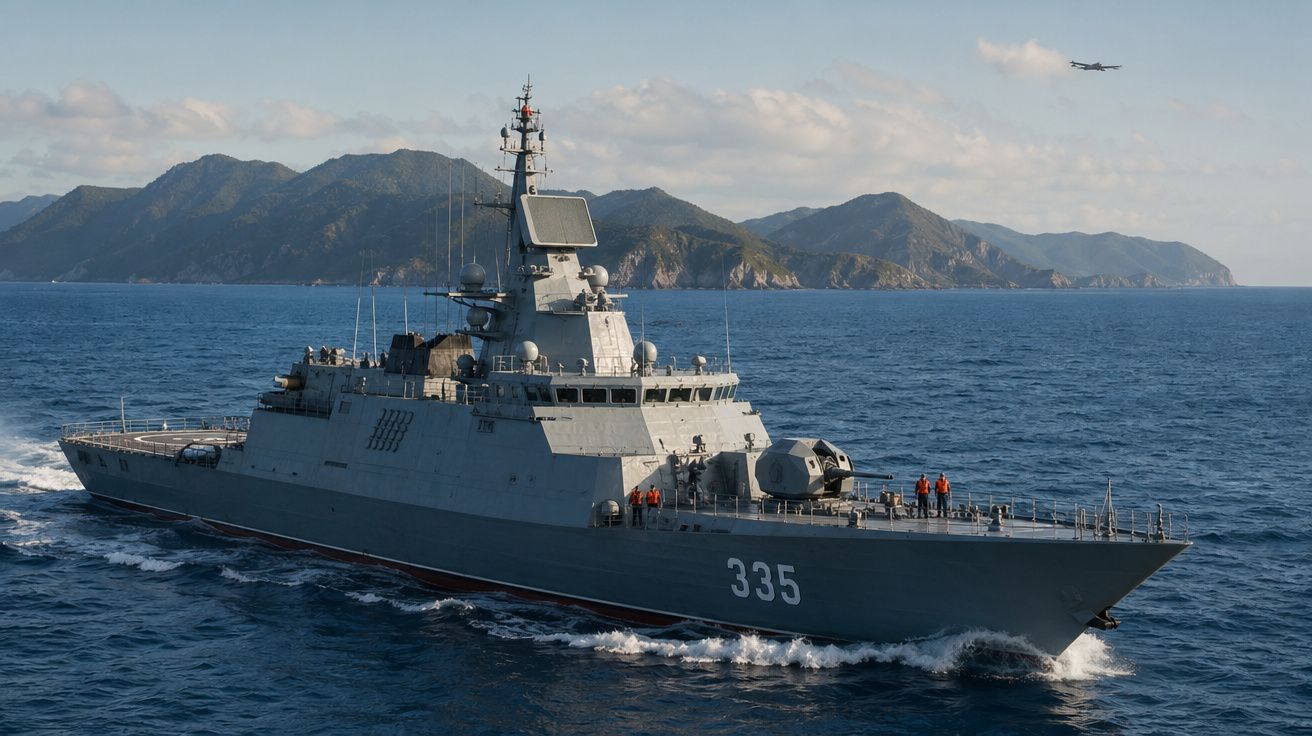 Navio militar cinzento com o número 335 navega no mar com ilha ao fundo e avião no céu.