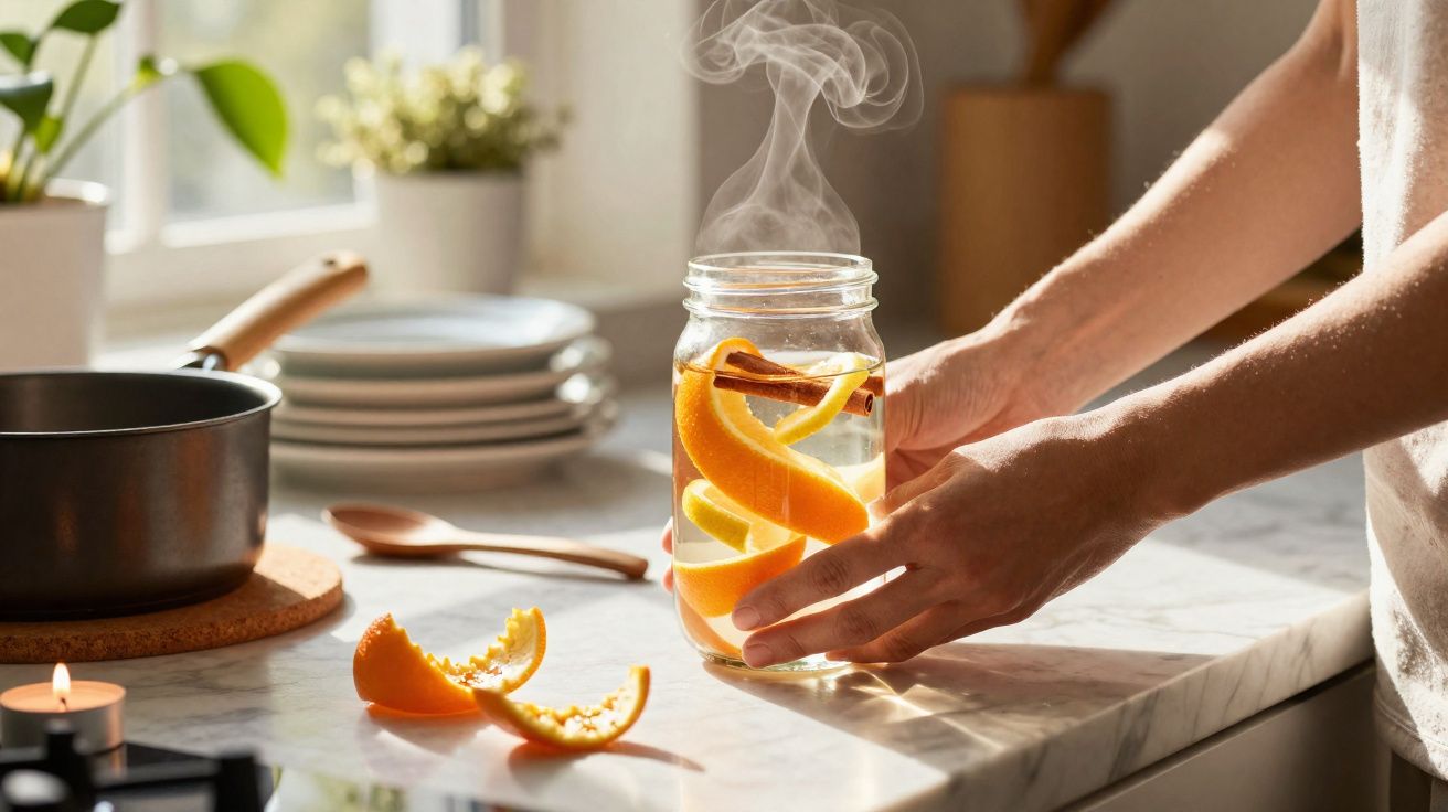Mãos seguram frasco com bebida quente, canela em pau e cascas de laranja numa cozinha iluminada.