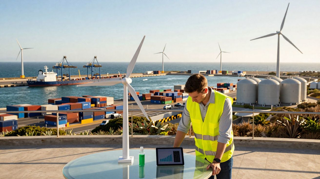Homem com colete refletor a analisar maquete de turbina eólica em porto com contentores e navio.