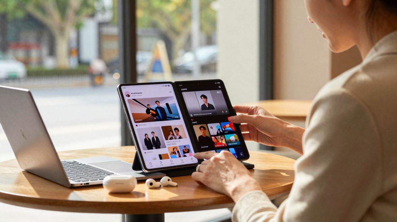 Pessoa a usar tablet dobrável e computador portátil numa mesa junto a janela luminosa.