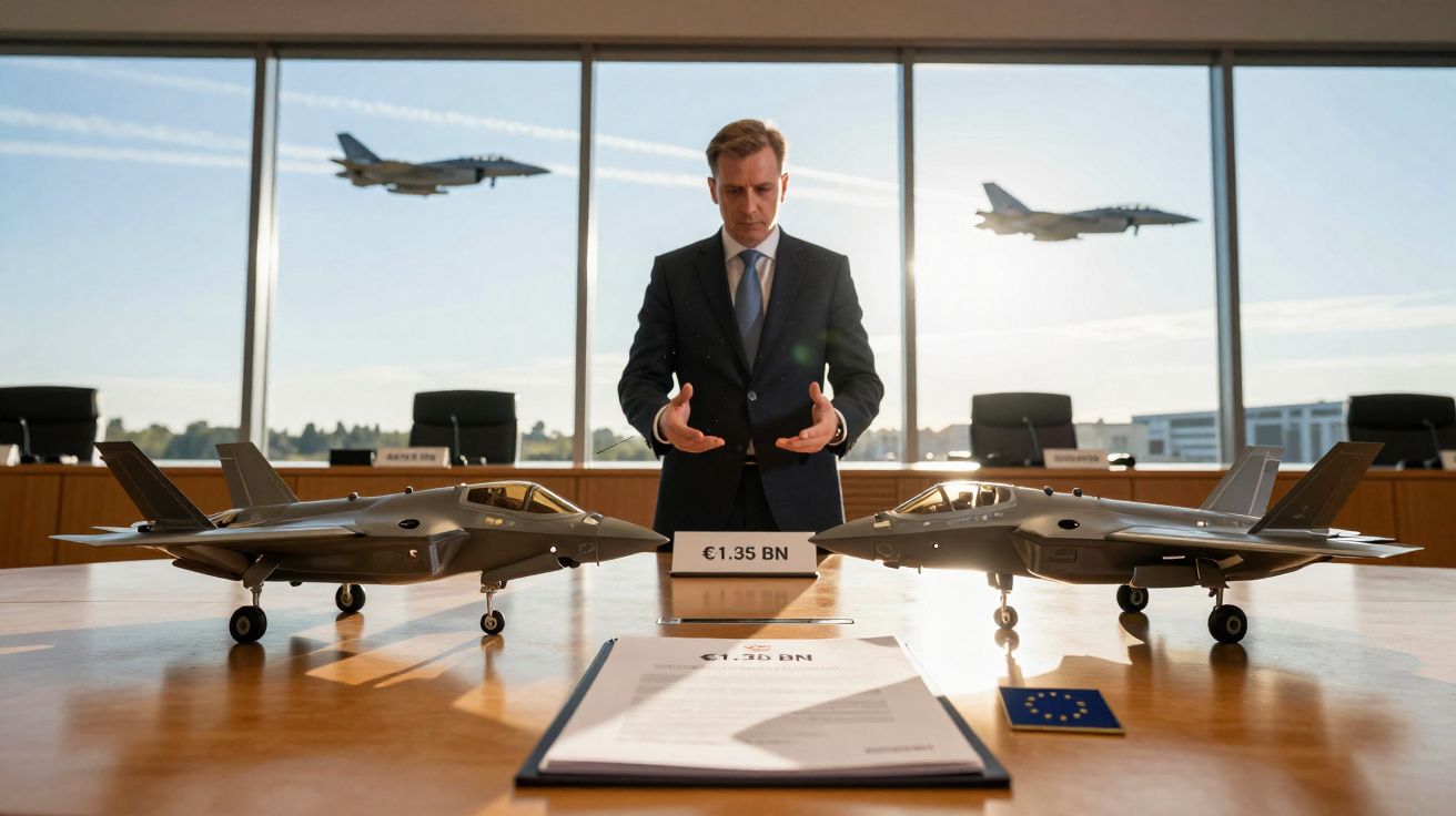 Homem em fato numa sala de reunião com modelos de aviões militares e jatos a sobrevoar ao fundo.