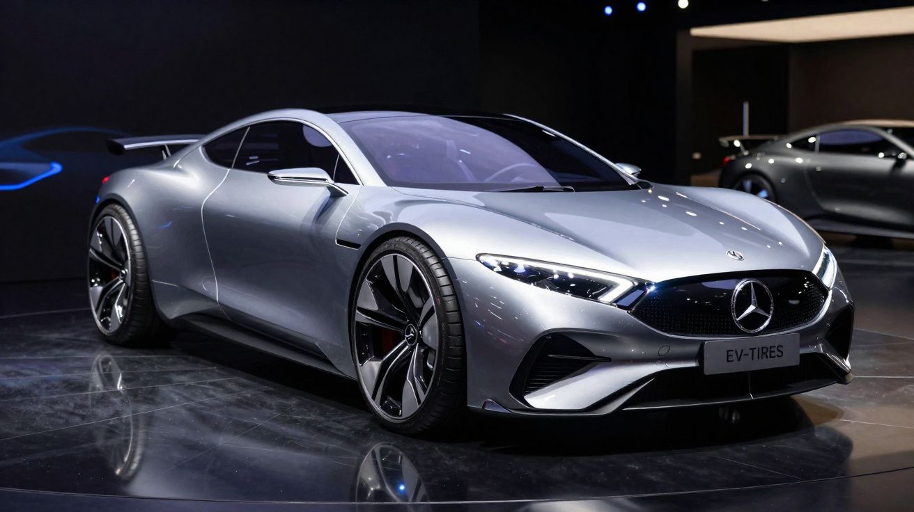 Carro desportivo elétrico Mercedes-Benz prata exibido em salão automóvel com iluminação ambiente escura.
