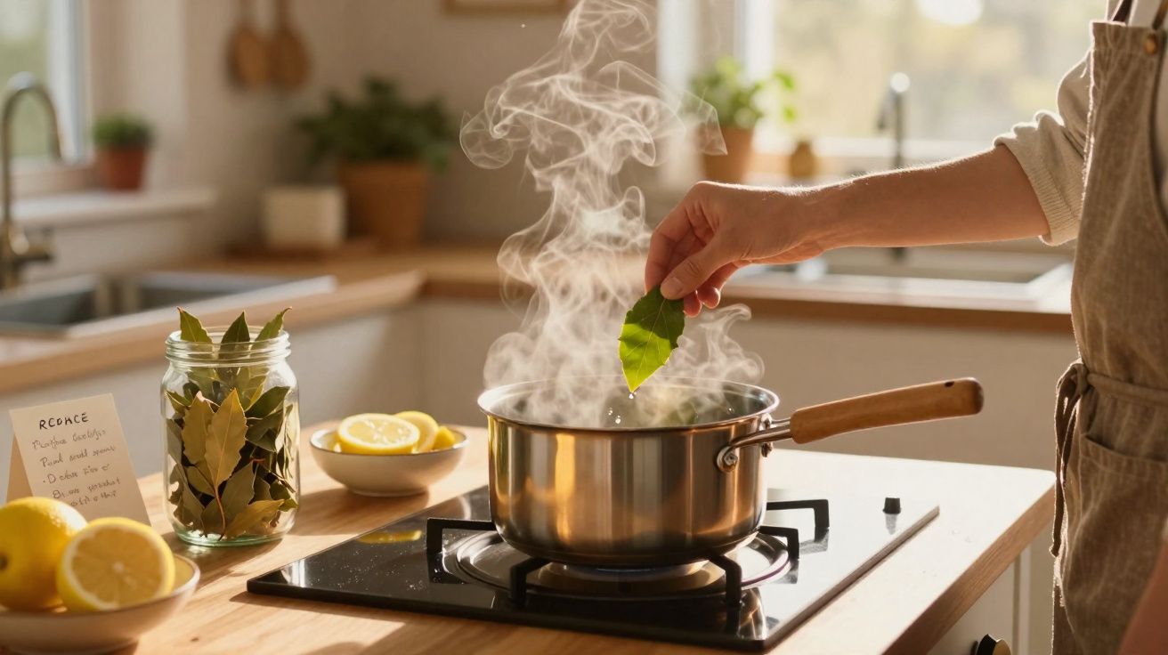 Pessoa a adicionar folhas de louro num tacho com vapor numa cozinha iluminada e acolhedora.