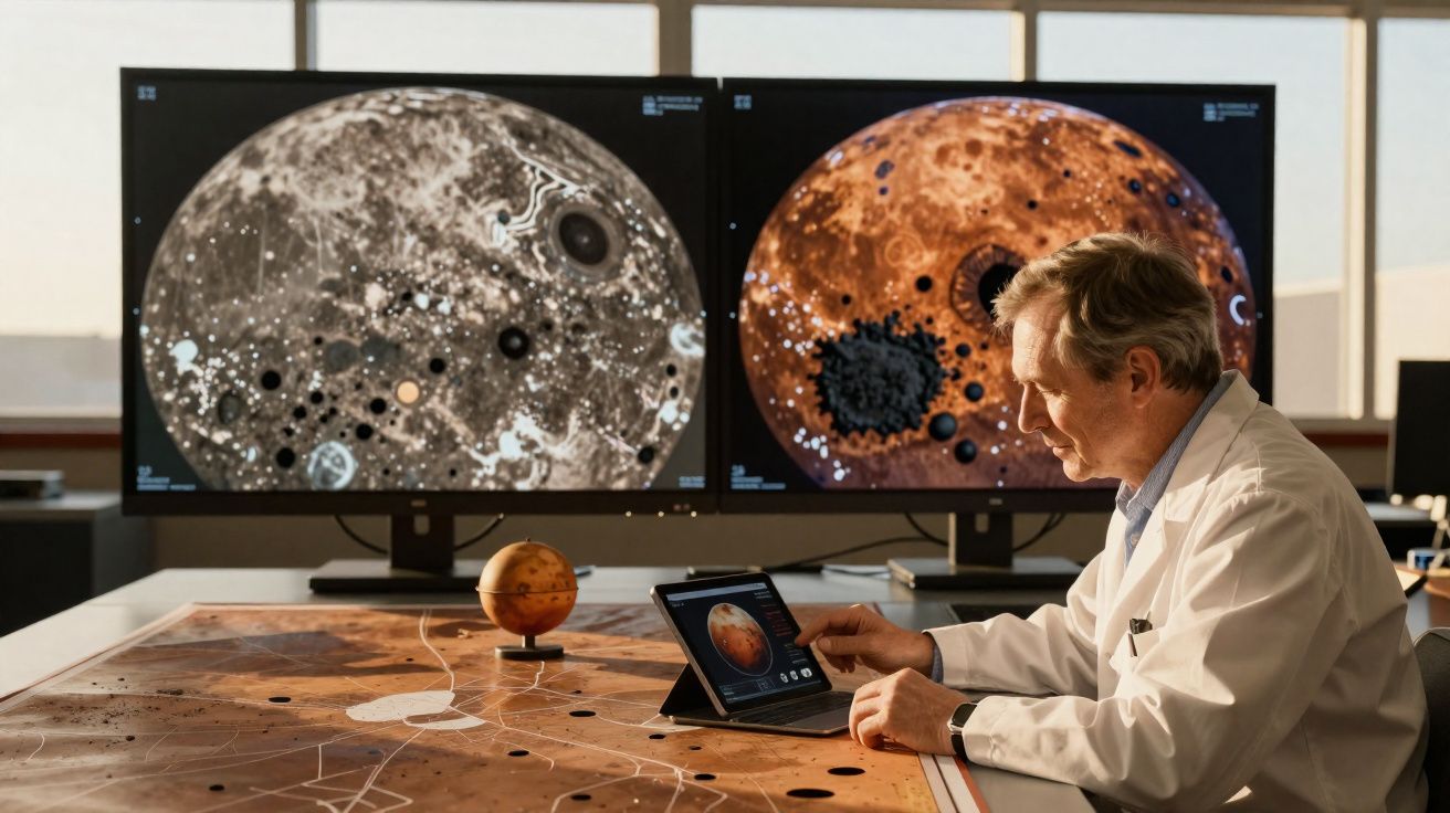 Cientista em laboratório analisa imagens de luas e planetas em ecrãs e tablet, com mapa do espaço sobre a mesa.