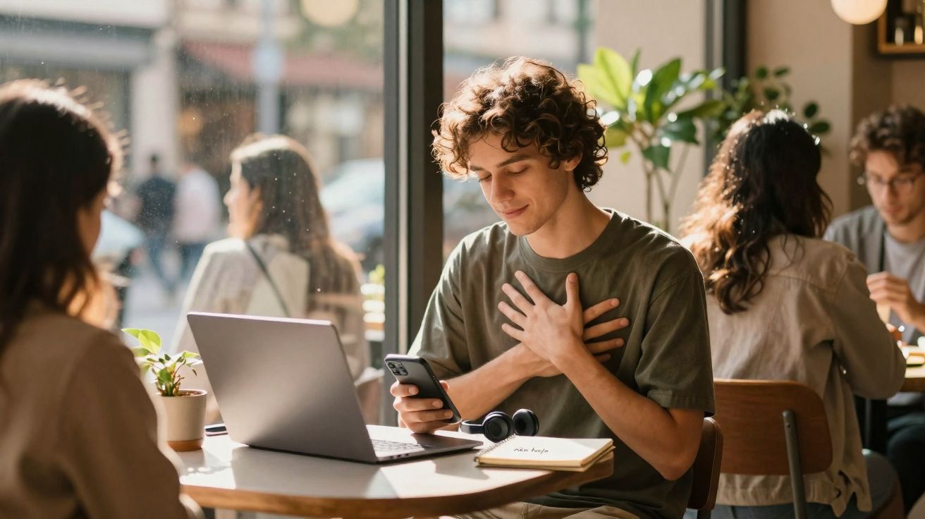 Jovem sentado numa cafeteria, a olhar para o telemóvel com expressão emocionada e mãos no peito.