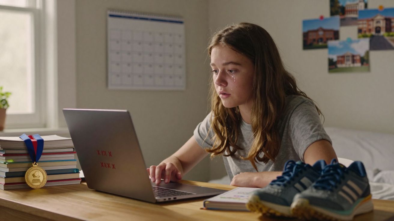 Jovem com lágrimas no rosto a usar portátil numa mesa com livros, medalha e ténis à frente, luz natural.
