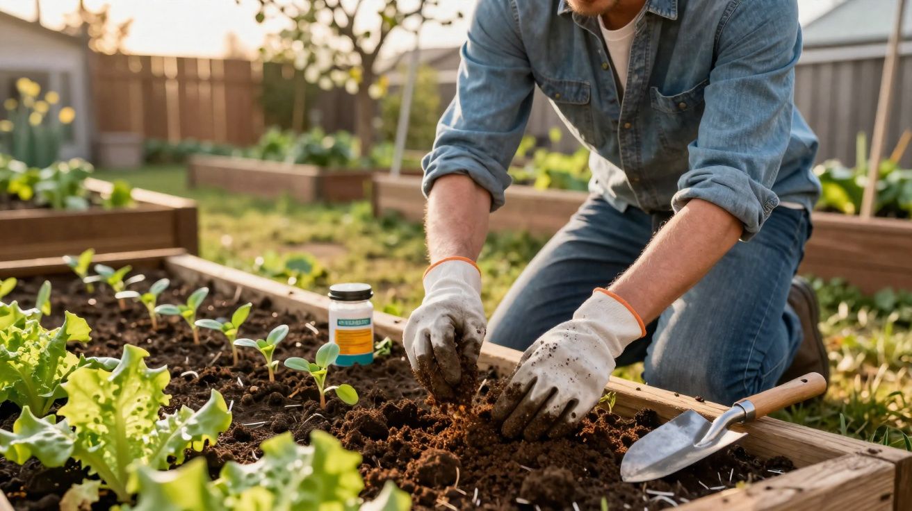 Pessoa a cultivar legumes numa horta urbana com luvas e t-shirt de ganga junto a plantas jovens.