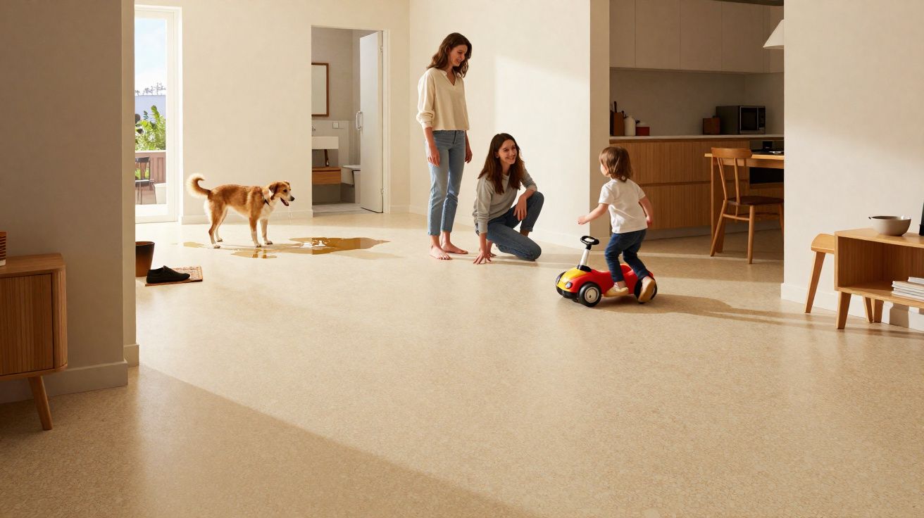 Criança a brincar com carro vermelho, duas mulheres observam, cão junto a poça de água numa sala luminosa.