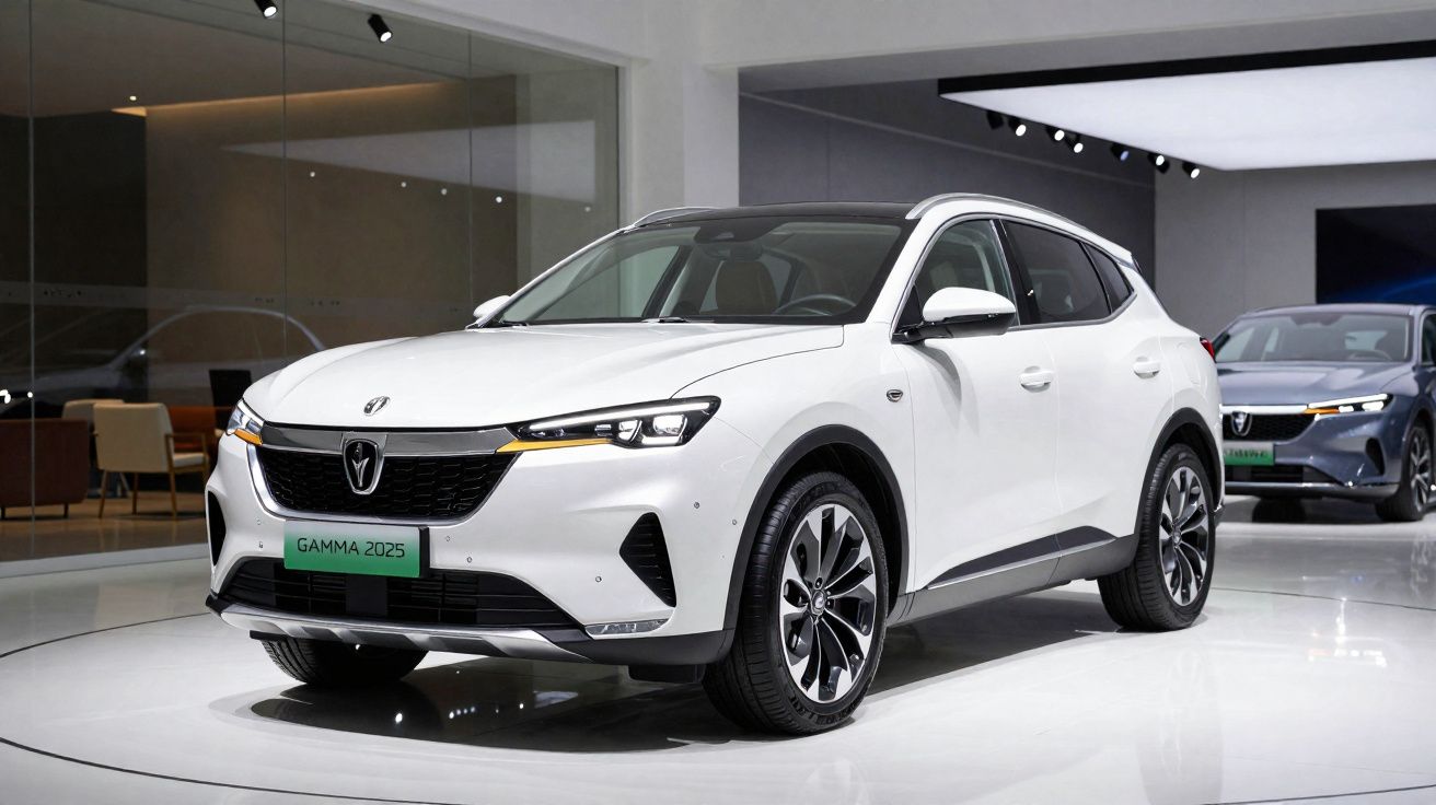 SUV branco moderno exposto numa sala de showroom com iluminação focada e outro carro ao fundo.