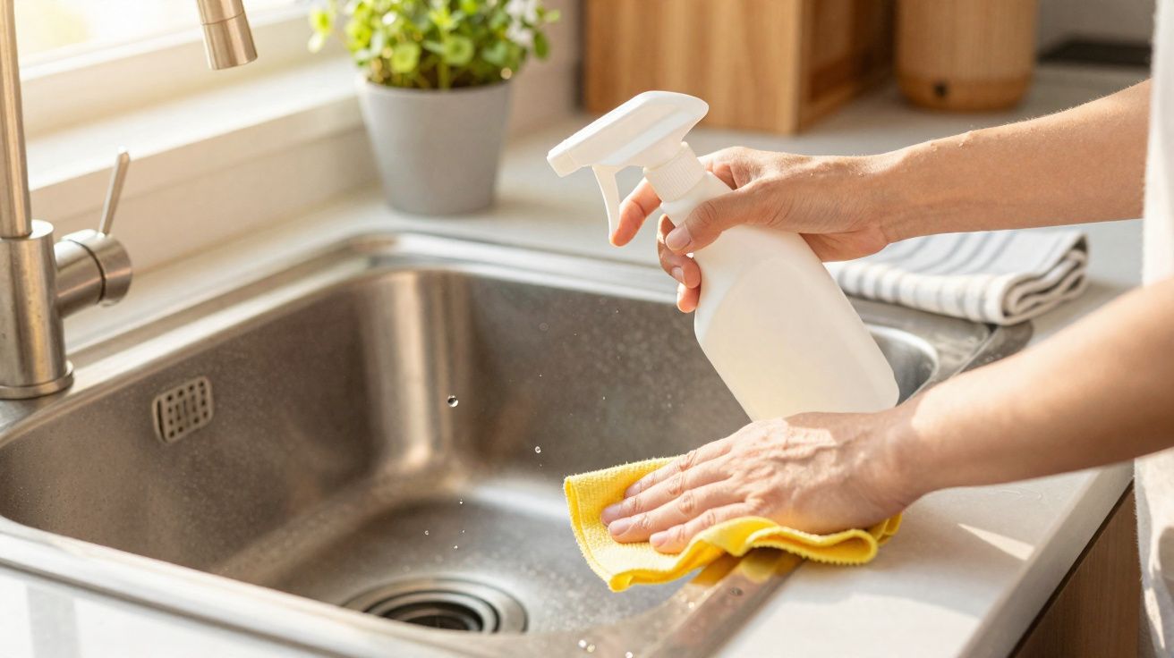 Pessoa a limpar a borda da pia da cozinha com um pano amarelo e um borrifador branco.