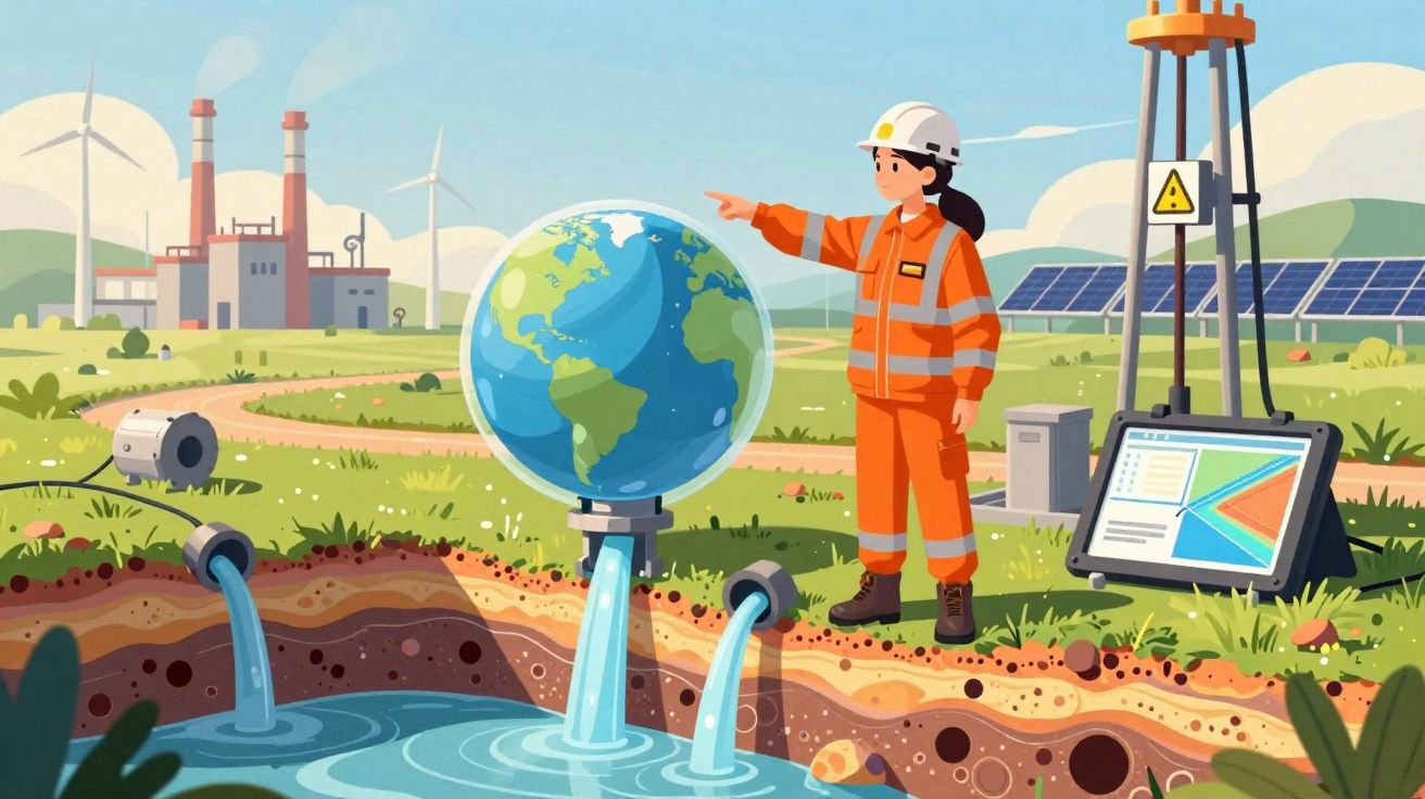 Engenheira em fato de segurança observa globo terrestre com água a fluir para trincheiras, perto de tecnologia e indústria.