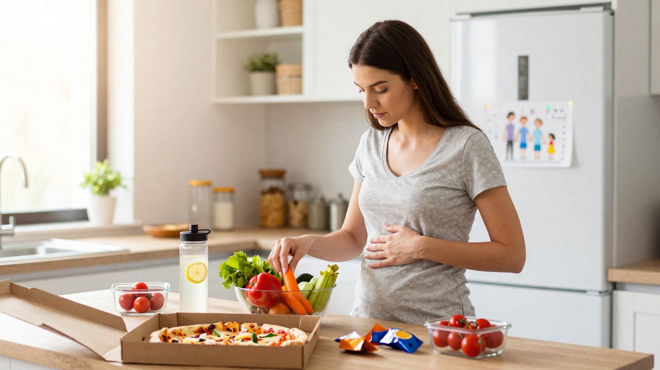 Mulher grávida na cozinha a escolher legumes frescos perto de uma pizza e snacks no balcão.