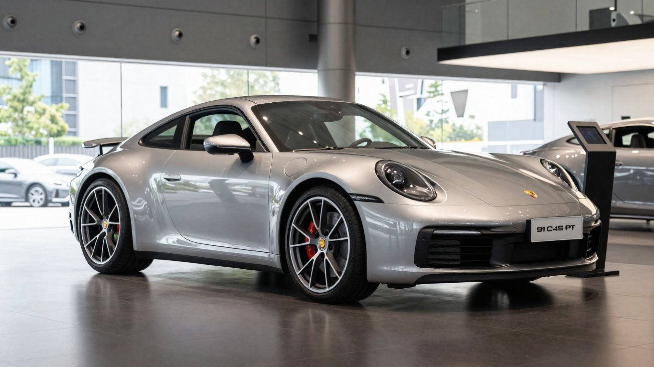 Porsche 911 prata estacionado em salão de automóveis moderno com vidros grandes.