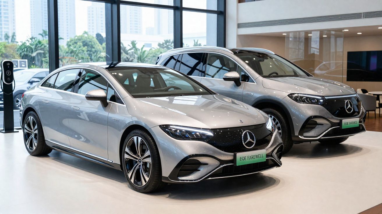 Dois carros Mercedes-Benz eléctricos prata expostos numa loja moderna com janelas grandes.