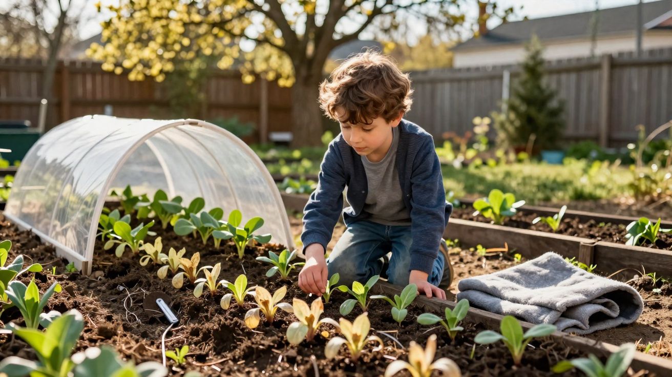 Criança a cuidar de plantas jovens numa horta com estufa pequena num jardim ensolarado.