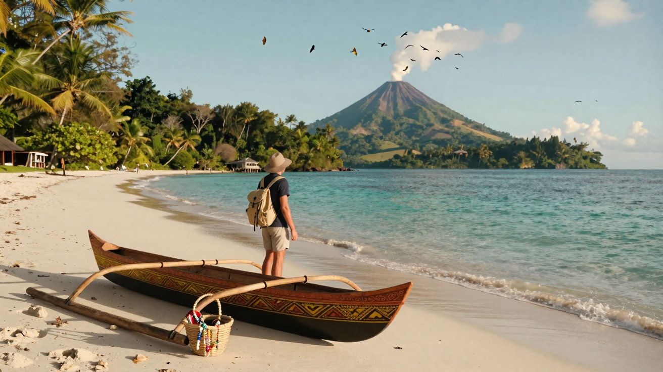 Homem com mochila observa vulcão a fumegar numa praia tropical com canoa e aves no céu.