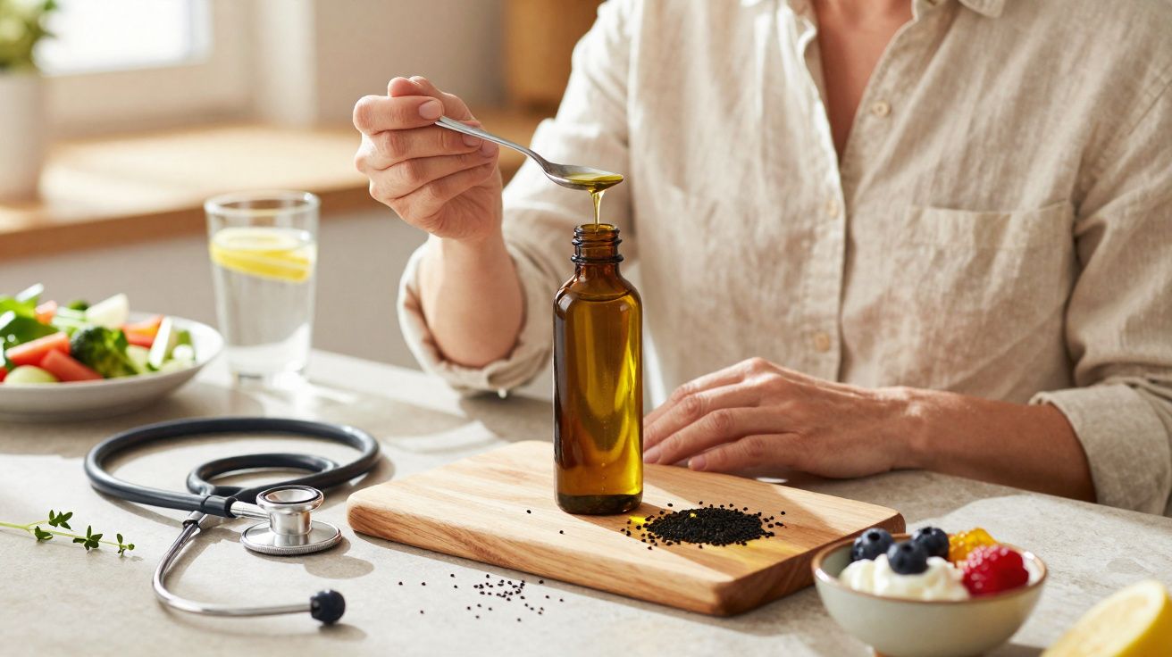 Pessoa a pegar óleo com colher de frasco, com estetoscópio e alimentos saudáveis numa mesa clara.